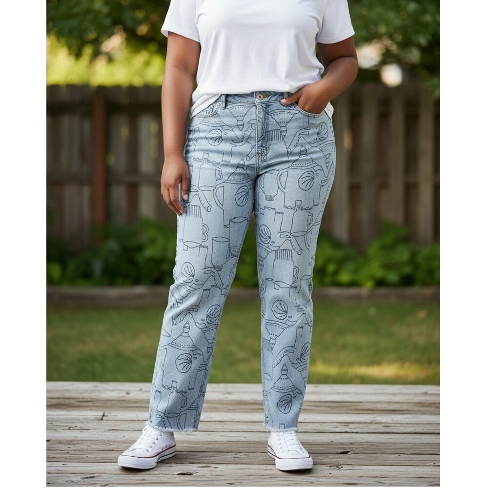 Gorman x Monika Forsberg Elephant Teapot Jeans Light Wash Raw Hem Sz. 10